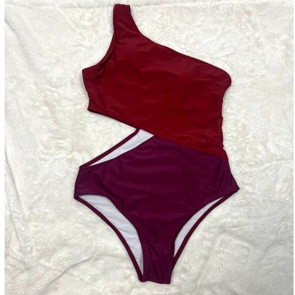 SweatyRocks RED Color Block One Shoulder Cutout 1pc Monokini Swimsuit SZ M: NWOT - Picture 7 of 11